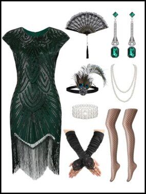 1920s Sequin Fringe Flapper Dress Costume Set with Accessories